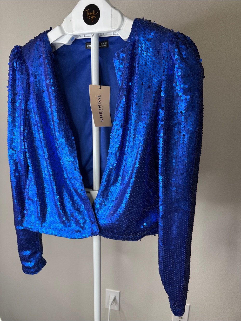 SHEIN Electric Blue Sequined Open-Front Blazer